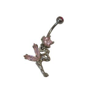 Fairy Pixie Charm Belly Button Ring With Pink Gemstones Stainless Steel
